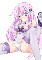 Rule 34 | 10s, 1girl, ;o, absurdres, bad id, bad pixiv id, bare shoulders, bite mark, blue eyes, blush, breasts, choujigen game neptune mk2, cleavage, cleavage cutout, clenched hands, clothing cutout, covered navel, elbow gloves, embarrassed, female focus, gloves, hair between eyes, hair ornament, halterneck, highres, injury, knee up, leotard, long hair, looking at viewer, magical girl, meimu (infinity), navel, nepgear, neptune (series), one eye closed, open mouth, pink hair, power symbol, power symbol-shaped pupils, purple sister, scratches, sidelocks, simple background, sitting, skindentation, solo, spread legs, symbol-shaped pupils, tears, thighhighs, turtleneck, very long hair, white background, white thighhighs, wince, wink