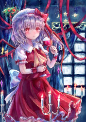 Rule 34 | 1girl, absurdres, ascot, bat wings, blonde hair, burning, candle, candlestand, crystal, cup, drinking glass, flandre scarlet, hat, hat ribbon, highres, holding, holding cup, mob cap, multicolored wings, one side up, plant, potted plant, puffy short sleeves, puffy sleeves, red eyes, red skirt, red vest, ribbon, short sleeves, side ponytail, skirt, skirt set, solo, suzushina, touhou, vest, white hat, window, window shadow, wine glass, wings, yellow ascot