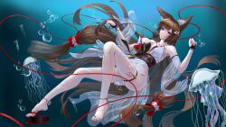 Rule 34 | 1girl, absurdly long hair, absurdres, air bubble, amagi (azur lane), amagi (wending waters serene lotus) (azur lane), animal ear fluff, animal ears, areola slip, azur lane, bikini, black sash, breasts, brown hair, brown tail, bubble, cleavage, fox ears, fox girl, frozen-sad, highres, jellyfish, kitsune, kyuubi, large breasts, long hair, looking at viewer, multiple tails, official alternate costume, open bikini, open clothes, purple eyes, sash, see-through, solo, string, string of fate, submerged, swimsuit, tail, thick eyebrows, underwater, very long hair, white bikini