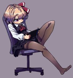 Rule 34 | 1girl, ascot, awa (bihidasu), black dress, blonde hair, brown pantyhose, commentary, dress, full body, grey background, hair ribbon, holding, knees up, long sleeves, nintendo switch, no shoes, on chair, pantyhose, red ascot, red eyes, red ribbon, ribbon, rumia, shirt, short hair, simple background, sitting, solo, swivel chair, symbol-only commentary, thighband pantyhose, touhou, white shirt