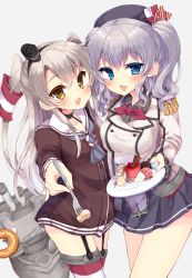Rule 34 | 10s, 2girls, :d, amatsukaze (kancolle), beret, blue eyes, blush, breasts, brown eyes, buttons, cake, choker, cowboy shot, doughnut, dress, epaulettes, feeding, food, fork, gloves, grey eyes, grey hair, grey skirt, hair tubes, hat, headgear, highres, incoming food, irone (miyamiya38), jacket, kantai collection, kashima (kancolle), large breasts, long hair, looking at viewer, military, military uniform, miniskirt, multiple girls, old-fashioned doughnut, open mouth, plate, pleated skirt, pov feeding, rensouhou-kun, sailor collar, sailor dress, sidelocks, skirt, smile, standing, striped clothes, striped legwear, striped thighhighs, thighhighs, tsurime, twintails, two side up, uniform, wavy hair