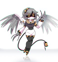 Rule 34 | 1girl, absurdres, chibi, claws, coat, colored skin, evil grin, evil smile, female focus, glitch productions, grey skin, grin, highres, mecha girl, mechanical tail, murder drones, oil, robot girl, shiny skin, short hair, smile, tail, thighhighs, v (murder drones), wings, yellow eyes