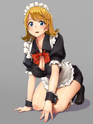 Rule 34 | 1girl, :o, apron, black footwear, black shirt, black socks, blonde hair, blue eyes, blush, bow, bowtie, breasts, cleavage, collared shirt, fingernails, fool (fuckinfool), frilled apron, frills, full body, grey background, highres, kneeling, large breasts, looking at viewer, maid, maid apron, miniskirt, original, parted lips, puffy short sleeves, puffy sleeves, red bow, red bowtie, shirt, shoes, short hair, short sleeves, simple background, skirt, socks, solo, teeth, upper teeth only, white apron, wrist cuffs