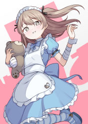 Rule 34 | 1girl, :d, apron, bandaged arm, bandages, blue bow, blue bowtie, blue skirt, boko (girls und panzer), bow, bowtie, brown hair, frilled apron, frilled skirt, frills, girls und panzer, grey eyes, hair between eyes, highres, long hair, looking at viewer, maid, maid headdress, open mouth, puffy short sleeves, puffy sleeves, saiste, shimada arisu, short sleeves, simple background, sketch, skirt, smile, solo, stuffed animal, stuffed toy, teddy bear, two side up, white apron, wrist cuffs