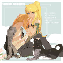 Rule 34 | 1boy, 1girl, animal, bandaged arm, bandages, black jacket, black pants, blonde hair, blue eyes, blue nails, blush, braid, braided ponytail, clock, closed mouth, collarbone, copyright name, couple, dog, ear piercing, earrings, edward elric, flower, from side, full body, fullmetal alchemist, grandia lee, hair between eyes, hands on another&#039;s head, hetero, highres, holding another&#039;s arm, jacket, jacket on shoulders, jewelry, long hair, looking at viewer, mechanical, mechanical arms, nail polish, pants, piercing, pink flower, ponytail, simple background, single braid, single mechanical arm, sitting, stomach, translation request, white flower, winry rockbell