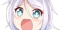 Rule 34 | + +, 10s, 1girl, blue eyes, close-up, hair between eyes, kantai collection, long hair, looking at viewer, nahaki, no nose, open mouth, portrait, silver hair, simple background, sin-poi, solo, sparkling eyes, symbol-shaped pupils, umikaze (kancolle), white background