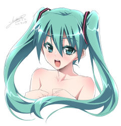 Rule 34 | 10s, 1girl, 2013, dated, green eyes, green hair, hatsune miku, long hair, looking at viewer, matching hair/eyes, nude, open mouth, signature, simple background, solo, tomomimi shimon, twintails, twintails day, upper body, vocaloid, white background