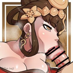 Rule 34 | 1boy, 1girl, :&gt;=, artist name, atlus, bar censor, beecon (bee niji), border, breasts, breath, brown background, brown hair, censored, cleavage, collarbone, earrings, expressionless, eyebrows, eyelashes, fellatio, from side, hair ornament, hair rings, half-closed eye, hetero, japanese clothes, jewelry, kimono, large breasts, lips, lipstick, looking at another, looking up, makeup, nose, nuwa (smtv), off-shoulder kimono, off shoulder, oral, penis, profile, red kimono, red lips, shin megami tensei, shin megami tensei v, short hair, simple background, solo focus, upper body, white border, yellow eyes