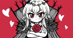 Rule 34 | 1girl, black souls, cape, closed mouth, crossed arms, flower, frown, hair between eyes, heart, heart-shaped pupils, highres, koshou shou mitsu, long hair, looking at viewer, lorina (black souls), red background, red eyes, red flower, red rose, rose, solo, straight-on, symbol-shaped pupils, upper body, v-shaped eyebrows