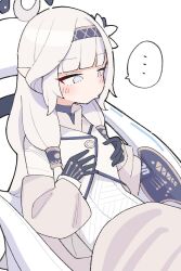 Rule 34 | ..., 1girl, black gloves, blank eyes, blanket, blue archive, blue eyes, blush, breast conscious, flat chest, gloves, hair tubes, hairband, halo, hands on own chest, highres, himari (blue archive), jacket, kamo (kamonabe 44), long hair, looking down, pointy ears, puckered lips, sidelocks, simple background, sitting, solo, spoken ellipsis, upper body, wheelchair, white background, white hair, white jacket