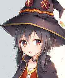 Rule 34 | 10s, :o, black hair, cape, choker, collarbone, eyebrows, gradient background, hat, highres, kono subarashii sekai ni shukufuku wo!, looking to the side, megumin, open mouth, patterned clothing, red eyes, red shirt, rurikoma, shirt, short hair with long locks, solo, upper body, witch hat