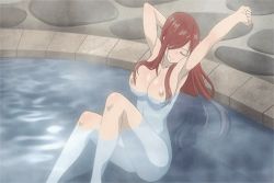 Rule 34 | 1girl, animated, animated gif, bath, breasts, erza scarlet, fairy tail, hair over one eye, large breasts, long hair, lowres, nipples, nude, red hair, solo, stretching, third-party edit, water