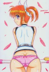 Rule 34 | 1girl, absurdres, ass, blue eyes, blush, brown hair, butt crack, closed mouth, from behind, gh9000, hair ornament, hair ribbon, highres, looking at viewer, looking back, lyrical nanoha, mahou shoujo lyrical nanoha, mahou shoujo lyrical nanoha a&#039;s, panties, pink panties, ribbon, short hair, smile, solo, takamachi nanoha, twintails, underwear