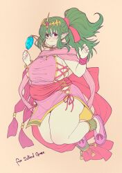 Rule 34 | 1girl, alternate body size, alternate breast size, bangle, bare shoulders, blue gemstone, blush, bracelet, breasts, circlet, closed mouth, cloudxmoe, commentary, commission, commissioner name, dress, english commentary, fire emblem, fire emblem awakening, fire emblem heroes, full body, gem, green eyes, green hair, hair ribbon, highres, jewelry, large breasts, light brown background, long hair, looking at viewer, necklace, nintendo, official alternate costume, open hand, pink dress, pink footwear, plump, pointy ears, ponytail, ribbon, shoes, side slit, sidelocks, simple background, solo, tareme, taut clothes, taut dress, thick arms, thick thighs, thighs, tiki (adult) (fated divinity) (fire emblem), tiki (adult) (fire emblem), tiki (fire emblem), wrist wrap