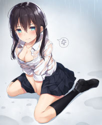 Rule 34 | 1girl, anger vein, between legs, black footwear, black hair, black socks, black skirt, blue eyes, bra, breasts, cleavage, closed mouth, collarbone, collared shirt, commentary request, frown, grey background, hair between eyes, highres, kneehighs, loafers, long hair, looking at viewer, medium breasts, miniskirt, original, partially unbuttoned, pleated skirt, rain, see-through, shirt, shoes, sitting, skirt, socks, solo, spoken anger vein, twintails, underwear, wariza, water, wet, wet clothes, wet shirt, white bra, white shirt, yuuri nayuta