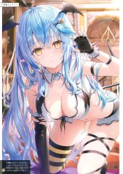Rule 34 | 1girl, absurdres, ahoge, all fours, asymmetrical gloves, bare shoulders, blue hair, blurry, blurry background, blush, breasts, cleavage, fingerless gloves, fingernails, gloves, hair ornament, hand up, head wings, highres, hololive, long hair, looking at viewer, medium breasts, nail polish, navel, page number, parted lips, pointy ears, rin yuu, scan, single thighhigh, solo, stomach, striped clothes, striped thighhighs, thighhighs, uneven gloves, virtual youtuber, wings, x hair ornament, yellow eyes, yukihana lamy