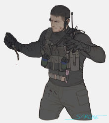 Rule 34 | 1boy, beard, black shirt, blood, blood on face, brown hair, chris redfield, cropped legs, facial hair, grey pants, male focus, mature male, muscular, muscular male, mustache, pants, resident evil, sardine (kjr0313), shirt, short hair, sideburns, solo, stubble, thick eyebrows, undercut, upper body, white background