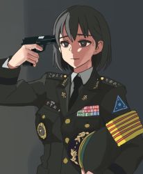 Rule 34 | 1girl, bad id, bad twitter id, bags under eyes, black eyes, black hair, closed mouth, female focus, grey background, gun, gun to head, handgun, hat, holding, holding clothes, holding gun, holding hat, holding weapon, id card, imminent suicide, long sleeves, looking at viewer, military, military hat, military uniform, original, peril, pistol, short hair, solo, suicide, sweatdrop, uniform, unworn hat, unworn headwear, wani (perfect han), weapon