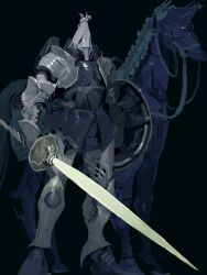 Rule 34 | arm shield, beam saber, black background, full body, gundam, gyan, highres, holding, holding sword, holding weapon, horse, knight, looking ahead, mecha, mobile suit, mobile suit gundam, no humans, non-humanoid robot, one-eyed, red eyes, rintaro komori, robot, robot animal, science fiction, simple background, standing, sword, weapon