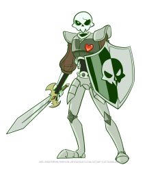 Rule 34 | 1boy, armor, atomi-cat, commentary request, full body, green eyes, heart, male focus, medievil, mystery skulls, parody, shield, simple background, single eye, sir daniel fortesque, skeleton, solo, standing, style parody, sword, transparent background, watermark, weapon, web address, white background