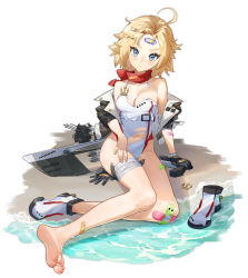 Rule 34 | 1girl, absurdres, anchor, anti-aircraft, anti-aircraft gun, bandaid, bandaid on face, bandaid on forehead, bandaid on knee, bandaid on leg, black gloves, blonde hair, blue eyes, breasts, casual one-piece swimsuit, cropped jacket, crossed bandaids, foot focus, gloves, hair ornament, hairclip, highleg, highleg swimsuit, highres, machinery, maxp yuanhang, navel, one-piece swimsuit, propeller, shoes, short hair, short sleeves, single shoe, small breasts, solo, swimsuit, torn clothes, torn swimsuit, warship girls r, white footwear, white one-piece swimsuit