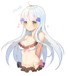 Rule 34 | 1girl, ahoge, bad id, bad pixiv id, bare shoulders, bikini, blush, breasts, character name, cleavage, frilled bikini, frills, girls&#039; frontline, green eyes, hk416 (girls&#039; frontline), long hair, medium breasts, navel, parted lips, silver hair, simple background, solo, swimsuit, tp (kido 94), upper body, white background