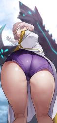 Rule 34 | 1girl, absurdres, ass, ass focus, cameltoe, coat, from behind, from below, green eyes, gridman universe, highres, huge ass, kneepits, looking at viewer, looking back, looking down, mujina, shiny clothes, shiny skin, short hair, short shorts, shorts, silver hair, solo, ssss.dynazenon, thick thighs, thighs, yoshio (55level)
