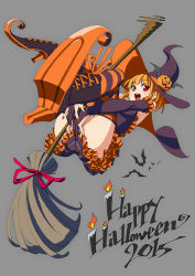 Rule 34 | 10s, 1girl, 2015, bad id, bad pixiv id, bat (animal), boots, broom, broom riding, candle, cross-laced footwear, full body, grey background, halloween, happy halloween, iseki shuuichi, lace-up boots, looking at viewer, nail polish, orange hair, orange nails, original, pointy footwear, red eyes, shoes, simple background, smile, solo, striped clothes, striped thighhighs, thighhighs, witch