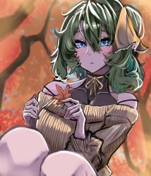 Rule 34 | 1girl, :o, absurdres, alternate costume, autumn leaves, bare shoulders, blue eyes, blurry, blush, bow, breasts, collarbone, daiyousei, depth of field, dutch angle, eyelashes, green hair, hair between eyes, hair bow, highres, holding, holding leaf, huge filesize, large breasts, leaf, leotard, long sleeves, looking at viewer, no wings, off shoulder, outdoors, short hair, side ponytail, sitting, solo, sweater, takena-c, touhou, upper body, yellow bow