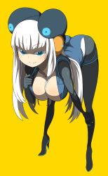 Rule 34 | 1girl, aqua eyes, aqua nails, bent over, black pantyhose, blue eyes, blue nails, bodysuit, breasts, cleavage, clothes pull, collarbone, electro emilia, hair between breasts, hair ornament, headgear, high heels, highres, hime cut, ken (koala), large breasts, legs, long hair, looking at viewer, nail polish, neon trim, original, pale skin, panties, panties over pantyhose, pantyhose, ringed eyes, shirt pull, sidelocks, simple background, smile, solo, standing, underwear, white hair, yellow background