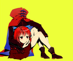 Rule 34 | 1girl, ankle boots, bad id, bad pixiv id, bare legs, boots, bow, cape, cnm, disembodied head, full body, hair bow, knees up, long sleeves, looking at viewer, red eyes, red hair, sekibanki, short hair, simple background, sitting, skirt, solo, touhou, yellow background