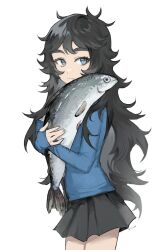 Rule 34 | 1girl, animal, black skirt, blue eyes, closed mouth, fang, fish, highres, holding, holding animal, holding fish, long hair, long sleeves, looking at viewer, messy hair, milka (milk4ppl), original, pleated skirt, simple background, siska (milka), skin fang, skirt, solo, white background