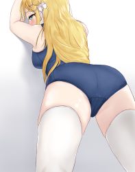 Rule 34 | 1girl, absurdres, artist request, ass, azur lane, blonde hair, blue eyes, cameltoe, forbin (azur lane), green eyes, highres, long hair, one-piece swimsuit, school swimsuit, simple background, solo, swimsuit, thighhighs
