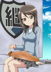 Rule 34 | 10s, 1girl, brown eyes, brown hair, closed mouth, cloud, day, emblem, girls und panzer, hanzou, instrument, kantele, looking at viewer, mika (girls und panzer), military, military vehicle, motor vehicle, skirt, smile, solo, striped clothes, striped sweater, sweater, tank