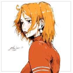 1girl bon_drawr commentary dated earrings english_commentary highres jewelry looking_ahead nami_(one_piece) one_piece orange_hair red_lips red_shirt shirt short_hair sidelocks signature simple_background solo turtleneck turtleneck_shirt upper_body white_background