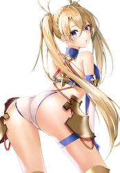 Rule 34 | 1girl, arched back, armor, ass, back, bare shoulders, bikini, blonde hair, blue bikini, blue eyes, blush, bradamante (fate), bradamante (third ascension) (fate), braid, breasts, crown braid, elbow gloves, fate/grand order, fate (series), faulds, gloves, hair between eyes, highres, long hair, looking at viewer, looking back, medium breasts, open mouth, simple background, solo, swimsuit, thigh strap, thighs, tsukise miwa, twintails, two-tone bikini, very long hair, white background, white bikini