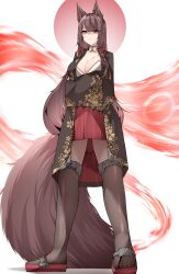 Rule 34 | 1girl, absurdres, akagi (azur lane), animal ears, azur lane, black kimono, black socks, breasts, brown hair, brown tail, cleavage, collarbone, commentary, crossed arms, detached collar, flag background, floral print, fox ears, fox girl, fox tail, from below, gold trim, hair between eyes, hair tubes, highres, japanese clothes, japanese flag, kimono, kneehighs, large breasts, long hair, looking at viewer, open clothes, open kimono, orange eyes, pleated skirt, print kimono, raised eyebrows, red footwear, red skirt, samip, sandals, shaded face, sidelocks, simple background, skirt, socks, solo, tail, white background, zouri