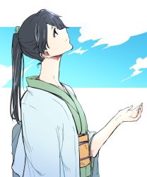 Rule 34 | 10s, 1girl, alternate costume, asakawa (outeq), collarbone, commentary request, empty eyes, from side, hair ribbon, haori, houshou (kancolle), japanese clothes, kantai collection, kimono, long hair, looking up, obi, ponytail, ribbon, sash, sky, smile, solo