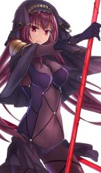 Rule 34 | 1girl, armor, bodysuit, breasts, covered navel, cowboy shot, closed eyes, fate/stay night, fate (series), gae bolg (fate), holding, holding weapon, long hair, looking at viewer, medium breasts, pauldrons, polearm, purple bodysuit, purple hair, red eyes, riffey, scathach (fate), shoulder armor, solo, spear, veil, very long hair, weapon