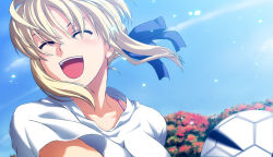 Rule 34 | 00s, 1girl, :d, :o, ^ ^, alternate costume, artoria pendragon (all), artoria pendragon (fate), ball, blonde hair, casual, closed eyes, day, closed eyes, fate/stay night, fate (series), flower, happy, open mouth, playing sports, roteiro, saber (fate), sky, smile, soccer, soccer ball, solo, type-moon