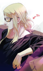Rule 34 | 1boy, alternate hairstyle, artist name, black shirt, blonde hair, cigarette, collarbone, couch, fate/grand order, fate (series), highres, iwanaga tm, long hair, male focus, on couch, orange-tinted eyewear, profile, shirt, simple background, sitting, solo, sunglasses, tezcatlipoca (fate), tinted eyewear, upper body, white background