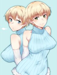 Rule 34 | 2girls, bare shoulders, blonde hair, blue background, blue eyes, blush, brave witches, breasts, closed mouth, elbow gloves, em (totsuzen no hakike), gloves, green eyes, hanna wind, large breasts, looking at viewer, looking back, multiple girls, nikka edvardine katajainen, open mouth, short hair, simple background, sweater, white gloves, world witches series