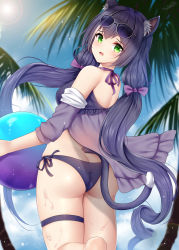 Rule 34 | 1girl, animal ear fluff, animal ears, ass, babydoll, barefoot, bikini, bikini bottom only, black hair, blurry, blurry background, blush, butt crack, cat ears, cat tail, cowboy shot, day, eyewear on head, from behind, green eyes, highres, karyl (princess connect!), karyl (summer) (princess connect!), looking at viewer, looking back, low twintails, open mouth, palm tree, princess connect!, skindentation, solo, sunglasses, swimsuit, tail, thigh strap, thighs, tree, twintails, wsman