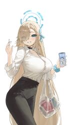 Rule 34 | 1girl, :d, absurdres, aqua ribbon, arch 05x, arms up, asuna (blue archive), bag, black choker, black pants, blonde hair, blue archive, blue eyes, blue nails, breasts, cellphone, choker, commentary, contrapposto, dot nose, dress pants, english commentary, eyes visible through hair, forehead, grin, hair ornament, hair over one eye, hair ribbon, halo, high-waist pants, highres, holding, holding phone, large breasts, long hair, long sleeves, looking at viewer, nail polish, office lady, open mouth, pants, parted bangs, phone, ribbon, shirt, shopping bag, sitting, smile, solo, very long hair, white background, white shirt, white sleeves