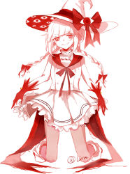 Rule 34 | 1girl, absurdres, bad end, boots, bow, braid, dress, full body, funamusea, gloves, grin, hair ribbon, hat, hat bow, highres, kneeling, long hair, monochrome, oounabara to wadanohara, rainlirle, red eyes, red gloves, red theme, red thighhighs, ribbon, sailor dress, sailor hat, simple background, sleeveless, smile, solo, spoilers, thighhighs, twin braids, twitter username, wadanohara, white background