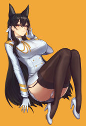 Rule 34 | 1girl, absurdres, aiguillette, animal ears, atago (azur lane), azur lane, black hair, breasts, brown thighhighs, buttons, double-breasted, full body, garter straps, gloves, hair behind ear, hair ribbon, hand in own hair, high heels, highres, impossible clothes, impossible jacket, jacket, large breasts, long hair, looking at viewer, raoul (raoul77), red eyes, ribbon, shoes, skirt, solo, thighhighs, very long hair, white footwear, white gloves, white jacket, white ribbon, white skirt, yellow background