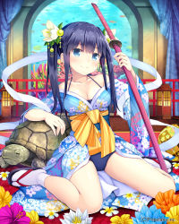 Rule 34 | 1girl, absurdres, arm support, arm up, bare shoulders, black hair, blue eyes, blush, breasts, cleavage, collarbone, company name, coral, curtains, eyebrows, fish, floral print, flower, full body, hair flower, hair ornament, highres, holding, holding weapon, japanese clothes, kimono, long hair, looking at viewer, namaru (summer dandy), official art, ribbon, sandals, sash, sitting, smile, socks, solo, strap, sword, turtle, twintails, unmei no clan battle, wariza, water, weapon