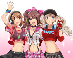 Rule 34 | 10s, 3girls, :o, alternate costume, arm around waist, arm up, belt collar, blue eyes, bracelet, breasts, brown eyes, brown hair, cleavage, clothes writing, collar, commentary, crop top, fingerless gloves, gloves, haruna (citrus love i), hat, headphones, headphones around neck, heart, highres, jewelry, kujikawa rise, looking at viewer, midriff, multiple girls, navel, open mouth, pendant, persona, persona 3, persona 3: dancing moon night, persona 4, persona 4: dancing all night, persona 5, persona 5: dancing star night, persona dancing, red gloves, see-through, shoulder-to-shoulder, simple background, smile, spiked bracelet, spikes, sports bra, stomach, suspenders, takamaki anne, takeba yukari, unmoving pattern, upper body
