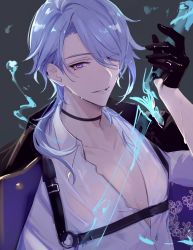 Rule 34 | 1boy, black choker, black gloves, blue hair, choker, commentary, floral print, genshin impact, gloves, grey background, gumilkx, highres, holding, holding sword, holding weapon, jacket, kamisato ayato, male focus, open clothes, open jacket, parted lips, purple eyes, see-through, shirt, simple background, solo, sword, symbol-only commentary, upper body, weapon, wet, white shirt