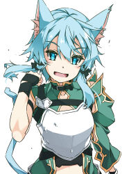 Rule 34 | 1girl, :d, animal ears, armor, black gloves, blue eyes, blue hair, breastplate, cat ears, cat girl, cat tail, fingerless gloves, gloves, hand up, highres, juliet sleeves, long sleeves, looking at viewer, open mouth, puffy sleeves, shikei, simple background, single sleeve, sinon (sao-alo), smile, solo, sword art online, tail, upper body, white background